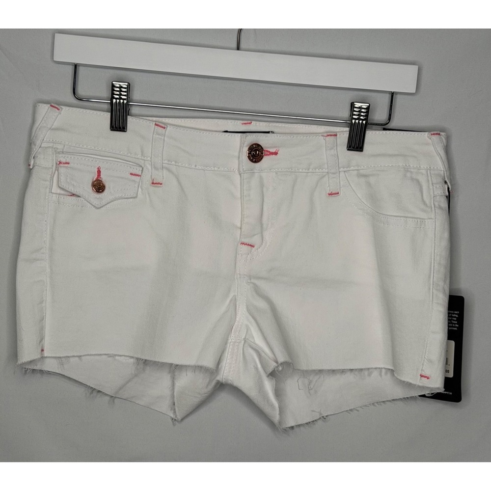 True Religion Joey Cut Off Shorts White Pink Stitch Low Rise Flap Pocket W29 NWT - Picture 1 of 16